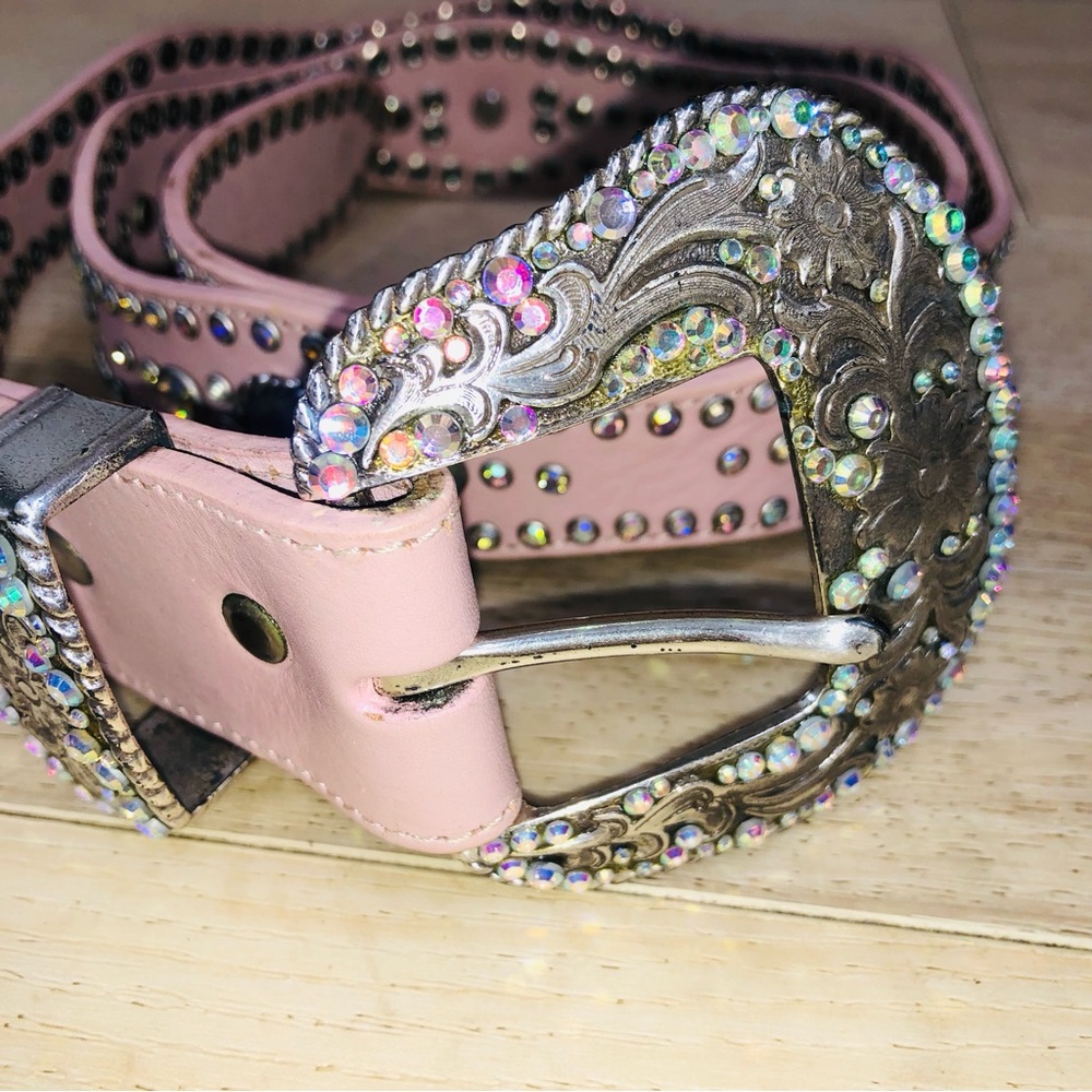 Vintage Nocona Pink Jeweled Women's Leather Belt - Picture 4 of 6